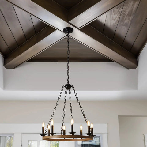 Eight-Light Farmhouse Wagon Wheel Chandelier, 26-Inch Industrial Round Candelabra Pendant Light Fixture for Living Room
