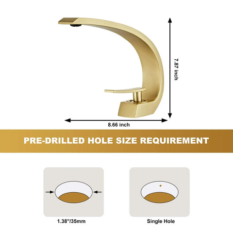 Dope Brushed Gold Bathroom Sink Faucet with Sleek Single Handle and Single Hole Install, showing dimensions and hole size
