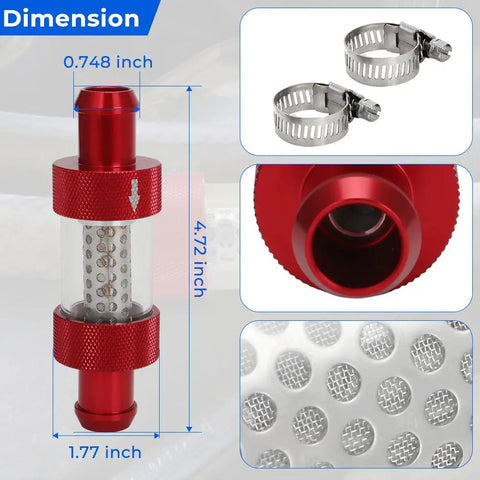 3/4 Inch Universal Inline Coolant Filter For Heater Core Red with stainless clamps and detailed close-up views