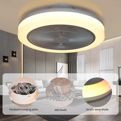 Enclosed Ceiling Fan With Light And Bluetooth Speaker Low Profile 18.1 Inch App Control in white finish installed in living room.