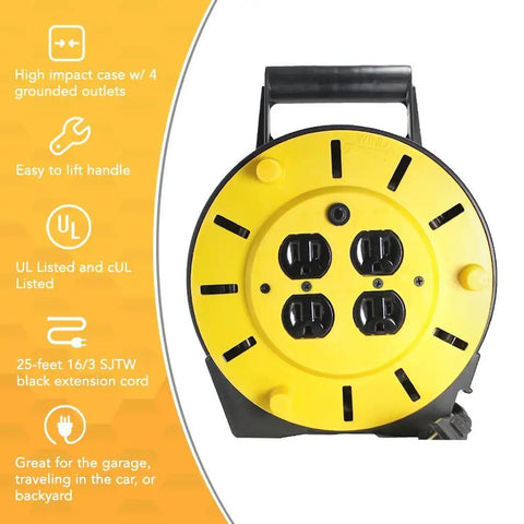 Light Duty Extension Cord Reel With Four Grounded Outlets And A Twelve Amp Circuit Breaker, Yellow and Black, 25 Feet