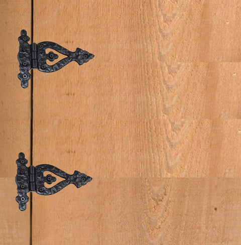 Heavy Duty Cast Iron T Strap Barn Door Hinges black on wooden gate