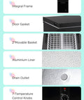 Hella Spacious 7.0 Cu.Ft Chest Freezer In Bold Black shows integral frame, door gasket, baskets, aluminum liner, drain outlet, and control knobs.