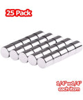 Pack of 25 Strong Neodymium Magnets 1/4 x 1/4 Inch Round Discs 6 x 6mm N48 Grade shown in rows, ideal for crafts and DIY projects.