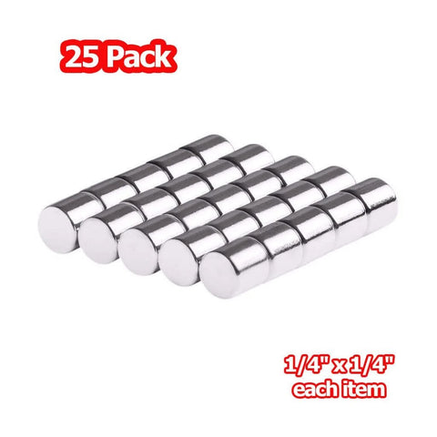Pack of 25 Strong Neodymium Magnets 1/4 x 1/4 Inch Round Discs 6 x 6mm N48 Grade shown in rows, ideal for crafts and DIY projects.