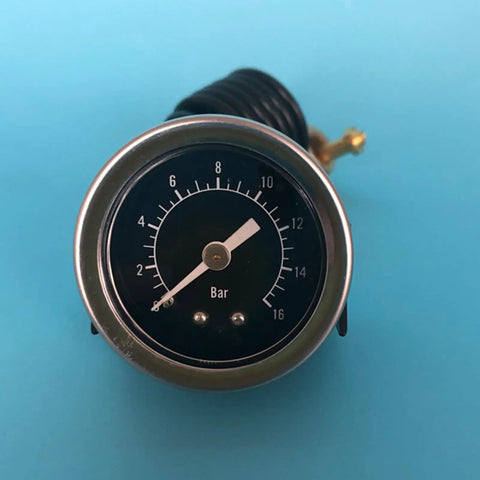 16 Bar Espresso Pressure Gauge For Home Baristas And Small Cafes Pro Grade Metal Espresso Pressure Meter Tool For Precision Coffee Brewing Boss Level Durable Gauge For Espresso Machines And Maker Components. Front view of black metal 16 bar espresso gauge