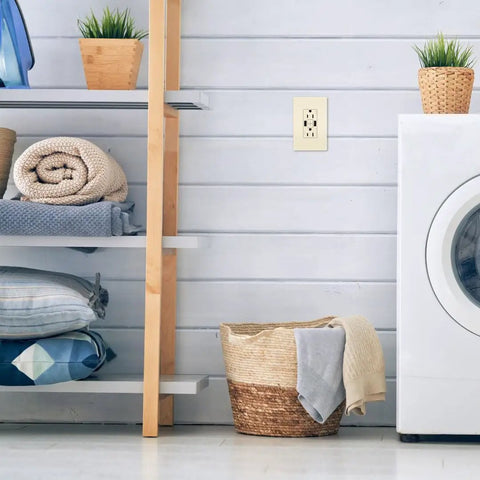 Laundry room with GFCI Self Test Tamper Resistant Decorator Duplex Outlet With USB Type A 15 Amp Light Almond on wall