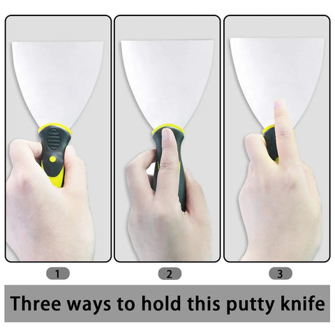 Putty Knife Set 4 Piece Pro Grade Scrapers grip demonstration showing hand positions for drywall spackle putty decals work.
