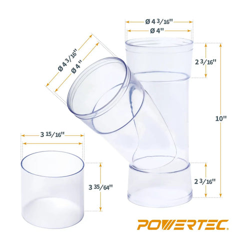 Y Fitting For 4 Inch Dust Collection System With 4 Inch ID To 4 Inch OD Pipe Connections Includes Splice And Hose Connector Adapters One Pack For Shop Dust Collectors And Pro Woodworking Setups shown with dimensions.