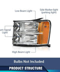 Headlights Assembly For 2007-2013 GMC Sierra with clear lens, amber reflector; labeled low beam, high beam, turn signal, side marker.