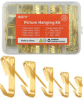 Rock Solid Picture Hanging Kit Top Shelf Heavy Duty Hooks And Nails For Drywall Wood No Sweat Setup For Photo Frames Mirrors And Wall Art 152 Piece Set, gold hooks in storage box.