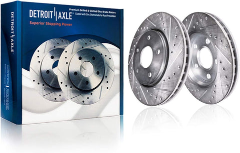 Front Wheel Bearing Hubs Brake Kit For 2009 2011 Dodge Ram 1500 5 Lug With 13.23 Inch Drilled Slotted Rotors And Ceramic Brake Pads Includes 2 Front Rotors 2 Pads And 2 Hubs main package with two rotors visible