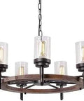 Wagon Wheel Chandelier Pendant Lamp With Bubble Glass Shade, Retro Rustic Edison Ceiling Light Fixture, 7 Lights, close-up view