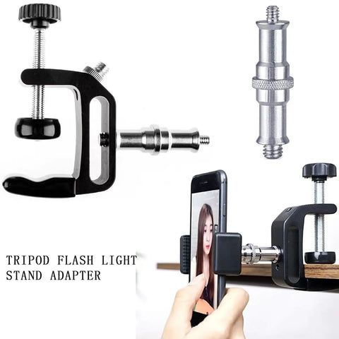 Four Piece Aluminum Pro Grade One Quarter To Three Eighths Inch Threaded Adapter Set for tripods and accessories on desk mount.