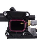 Front view of Engine Coolant Water Outlet Thermostat with Sensor for Mazda 3 5 6 and CX7 2006 through 2015 replacement part