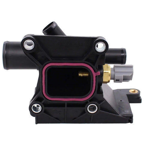 Front view of Engine Coolant Water Outlet Thermostat with Sensor for Mazda 3 5 6 and CX7 2006 through 2015 replacement part
