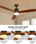 52 Inch Indoor Outdoor Ceiling Fan With Remote And Lights Quiet Noiseless AC Motor 3 Solid Rubber Wood Blades with LED light options
