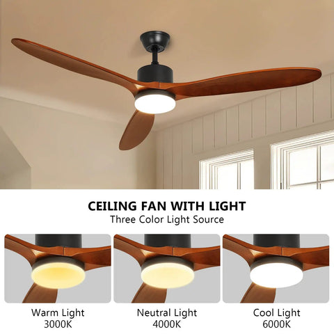 52 Inch Indoor Outdoor Ceiling Fan With Remote And Lights Quiet Noiseless AC Motor 3 Solid Rubber Wood Blades with LED light options