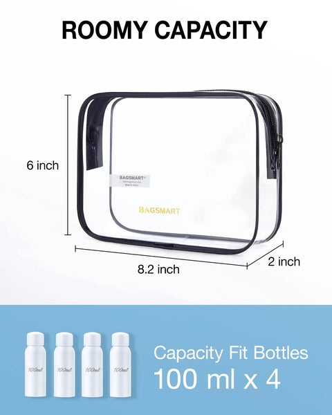 Clear Toiletry Bags Set Two Pack TSA Approved Carry On Travel Pouches Water Repellent Cosmetic Bags For Women Quart Size See Through Airport Security Friendly Black Must Have showcasing roomy capacity with 100ml bottle fit