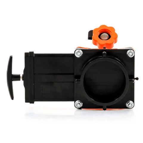 Rhino Blaster Pro Holding Tank Rinser With Gate Valve For RV Sewer Cleanup, high pressure item, side view showing valve and handle