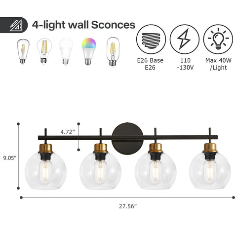 Black And Gold 4 Light Vanity Lights With Clear Globe Shade For Farmhouse Modern Bathroom Over Mirror, dimensions shown.