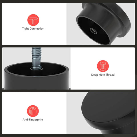 Close-up features of Sleek Black Cabinet Knobs Set 10 Pack Round Metal Zinc Drawer Pulls for Kitchen Cabinets Cupboards Dressers and Desks Easy Install Hardware By Homdiy for Modern Furniture Makeover, showing tight connection, deep hole thread, and anti-fingerprint details.