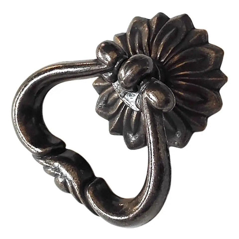 Close-up of Dark Antique Brass Ring Pulls For Dresser Drawers And Cabinets, Vintage Swing Bail Handles, Single Hole Cabinet Hardware