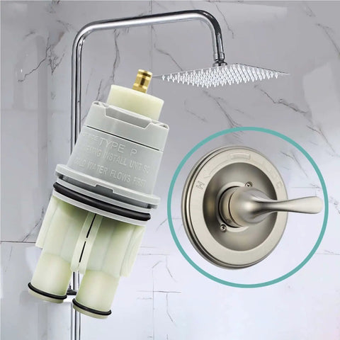 Close-up of Shower Valve Cartridge Replacement Kit For Single Handle 13 14 Series Faucets next to shower setup.