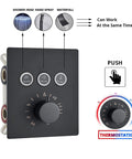 Ceiling mount thermostatic valve control for Straight Up Matte Black Ceiling Mount Shower System with temp display.