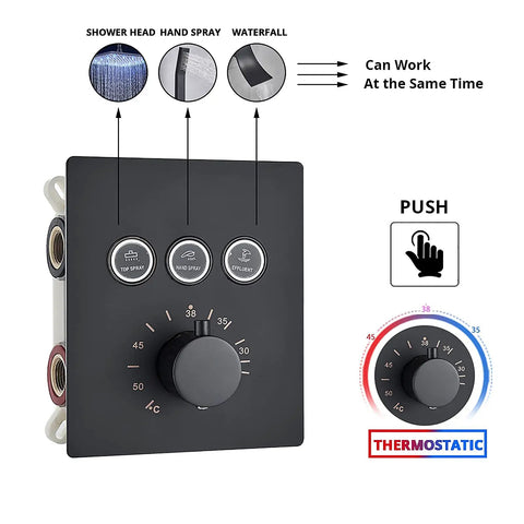 Ceiling mount thermostatic valve control for Straight Up Matte Black Ceiling Mount Shower System with temp display.