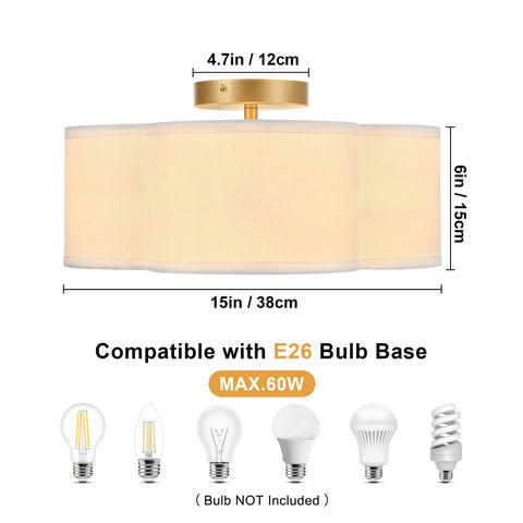 Four-Light Clover Drum Semi-Flush Ceiling Light With White Fabric Shade Close-To-Ceiling Fixture For Bedroom, Hallway, Kitchen, Corridor, Laundry Room Or Nursery E26 Bulb Compatible, dimensions shown with E26 bulb compatibility
