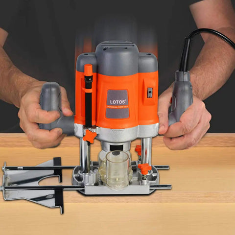 Man using Workhorse Plunge Wood Router With Edge Guide 110 120V 1.6 HP Motor Variable Speed 16000 30000 RPM for precision cutting.