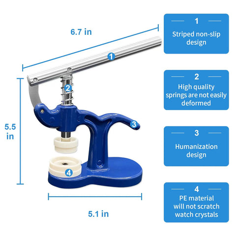 All in One Watch Repair Press Tool Set with blue case press and features list