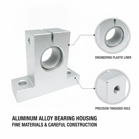 Rock Solid Aluminum Linear Shaft Support Block And Bearing Housing For Cnc Machine And Automation Setup Smooth Sliding Action With Dead Nuts Precision Bore. Close-up of aluminum housing with plastic liner and threaded hole.
