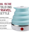Foldable Travel Electric Kettle With Collapsible Food Grade Silicone 600ml Capacity Dual Voltage 110-220V US Plug Ultra Portable Blue Kettle For On The Go Coffee Tea Ramen And More shown with side view of folding blue silicone body.