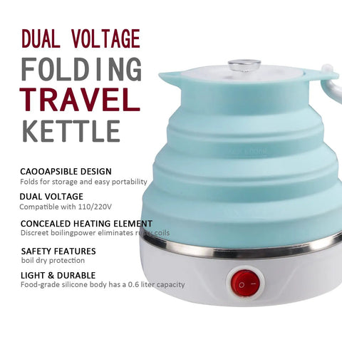 Foldable Travel Electric Kettle With Collapsible Food Grade Silicone 600ml Capacity Dual Voltage 110-220V US Plug Ultra Portable Blue Kettle For On The Go Coffee Tea Ramen And More shown with side view of folding blue silicone body.