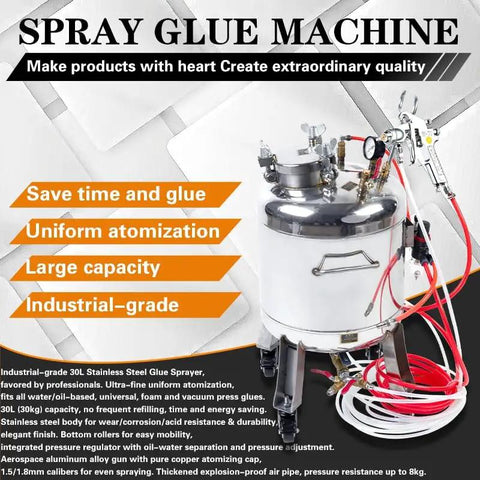 Heavy Duty 30 Liter Stainless Steel Glue Sprayer With 1.8 Mm Nozzle Pressure Gauge And Eight Meter Air Line ready for industrial use.