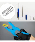 Top: ten silver stainless steel compression springs with tool parts; bottom: blue crimping tool with yellow jaw.