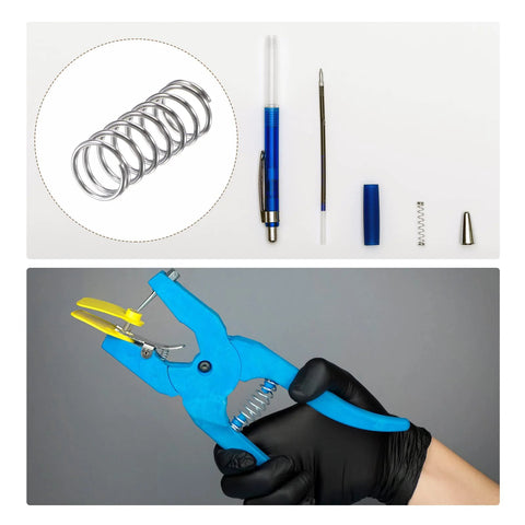 Top: ten silver stainless steel compression springs with tool parts; bottom: blue crimping tool with yellow jaw.