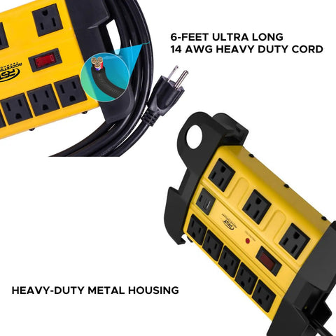 Heavy Duty Surge Protector Power Strip With 8 Outlets And 2 USB Ports, Metal Industrial Housing, 6ft Cord, close-up of design