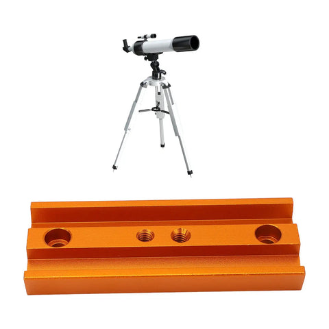 107mm Dovetail Mounting Plate for Telescopes and Cameras With 1/4 Inch Thread Metal Dovetail Saddle Adapter Mount Base displayed below a telescope.