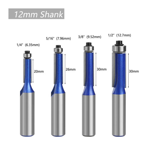 Heavy Duty 12 Inch Flush Trim Router Bit With Smooth Bearing, 12mm shank sizes for precision wood milling and edge cutting.