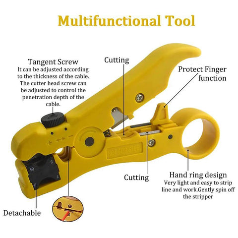 Close-up of a yellow coax cable cutter from the Multifunction Coax Cable Crimping Tool Kit With Stripper And Tester For RG6 RG59 RG11