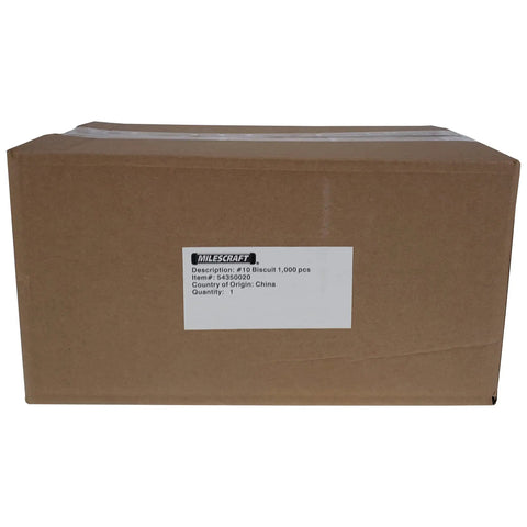 Brown box labeled with Hardwood Biscuits Size Ten 1000 Pack For Wood Joining And Crafting Works With Standard Biscuit Joiners