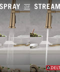 Pro Level Commercial Spring Neck Kitchen Faucet With Magnetic Docking Pull Down Sprayer Diamond Seal Tech Hella Smooth Handle Action In Champagne Bronze with spray or stream function.
