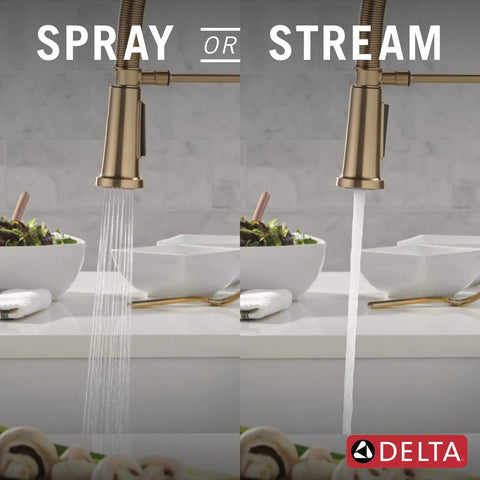 Pro Level Commercial Spring Neck Kitchen Faucet With Magnetic Docking Pull Down Sprayer Diamond Seal Tech Hella Smooth Handle Action In Champagne Bronze with spray or stream function.