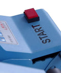 Close-up of START button on Semi Automatic Label Applicator Machine for Round Plastic Glass Bottles and Jars.