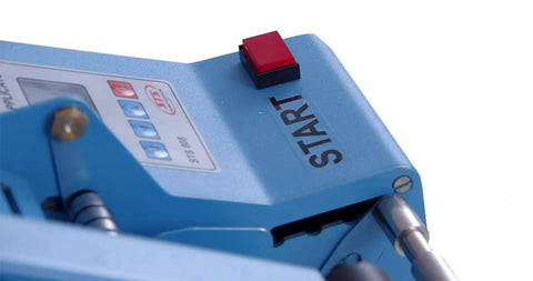 Close-up of START button on Semi Automatic Label Applicator Machine for Round Plastic Glass Bottles and Jars.