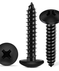 Three No 6 By 1.5 Inch Truss Head Phillips Wood Screws In 18 8 Stainless Steel Black Coated Full Thread showcasing design and finish