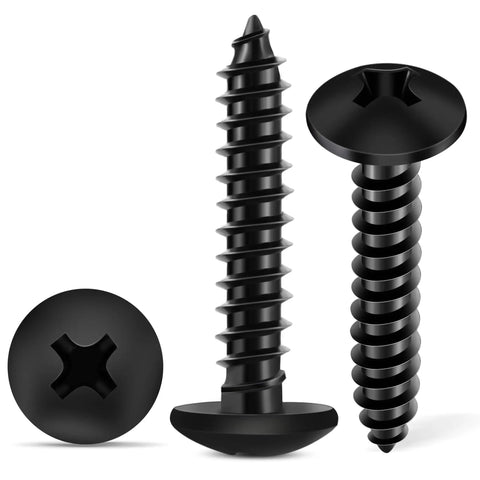 Three No 6 By 1.5 Inch Truss Head Phillips Wood Screws In 18 8 Stainless Steel Black Coated Full Thread showcasing design and finish